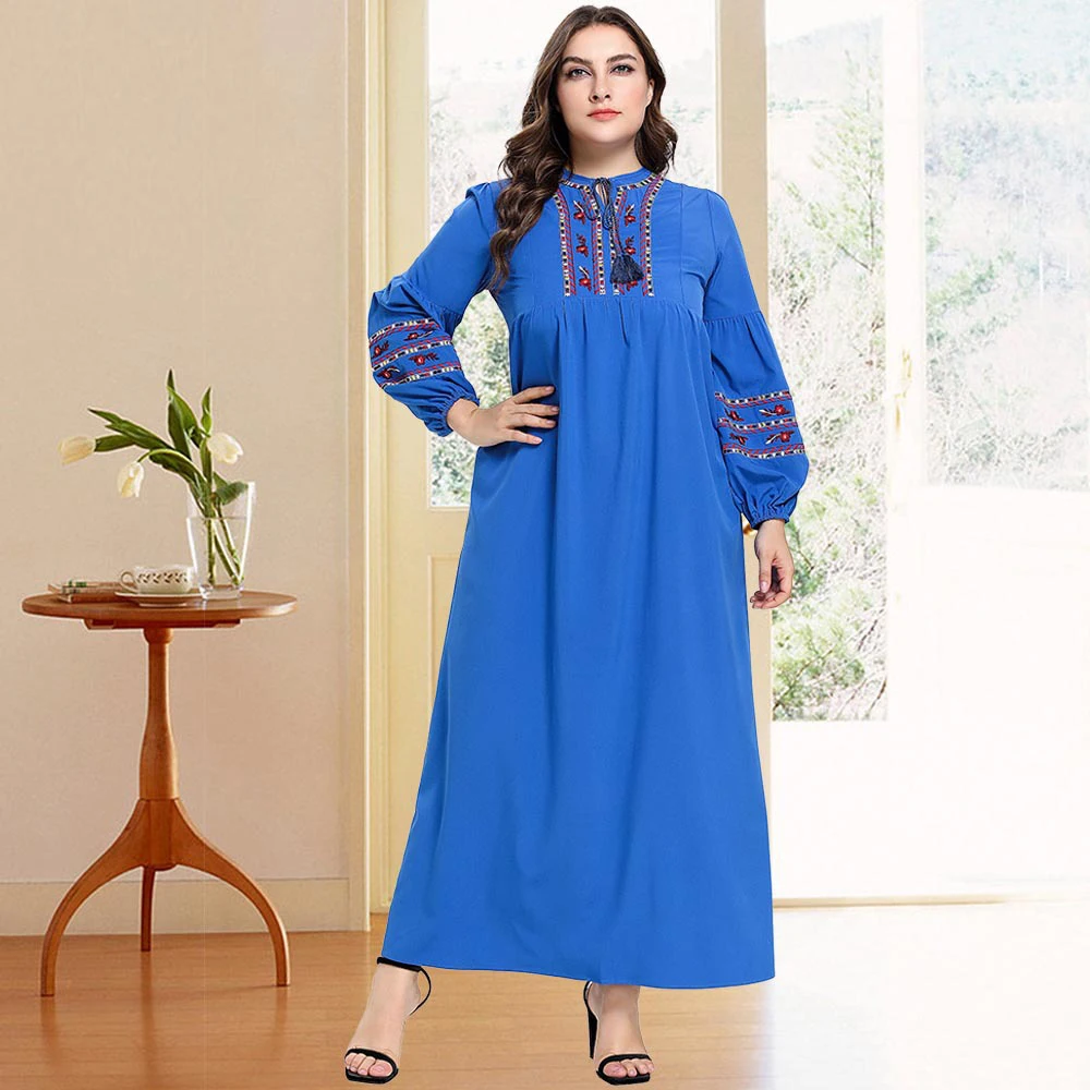 Женское длинное платье Siskakia синее макси с вышивкой в этническом стиле рукавами