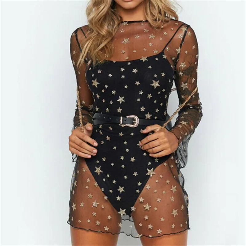 Модное женское платье накидка для бикини Сетчатое прозрачное повседневное мини