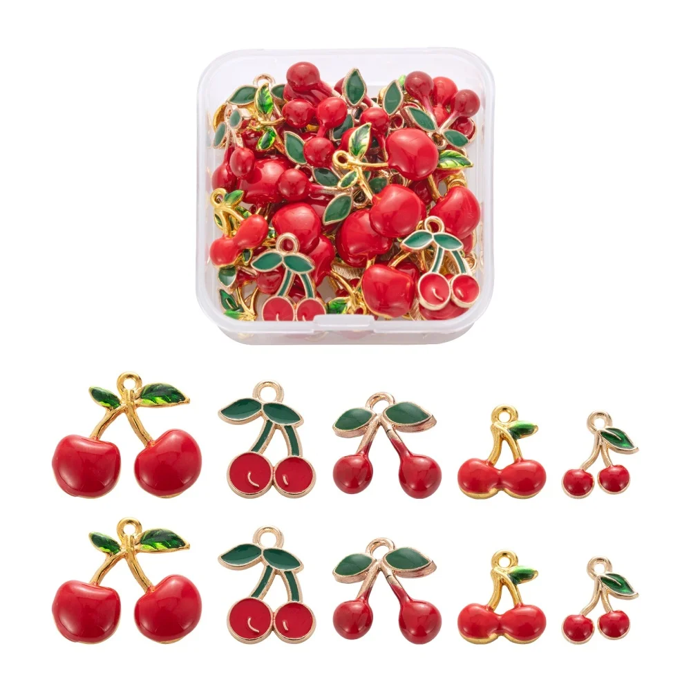 

50pcs/Box Alloy Enamel Cherry Pendants Charms for Earring Bracelet Necklace DIY Cute Jewelry Making Crafts Decor Accessories