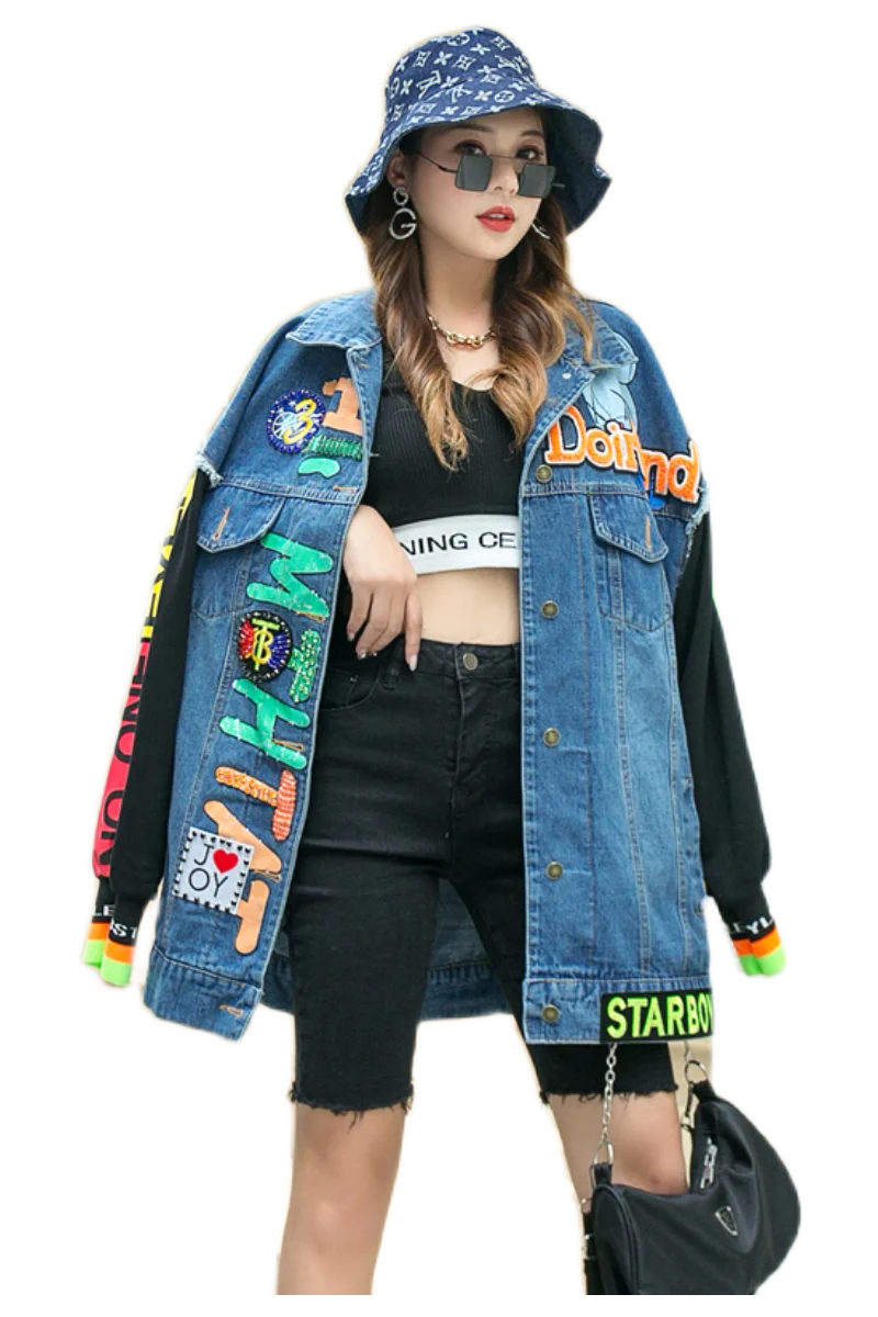 

Cartoon denim jacket female European station 2020 autumn new sequins color matching loose western style jacket top tide brand