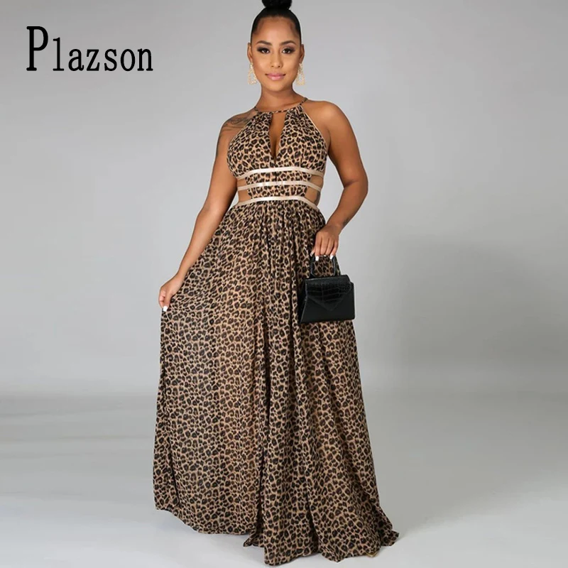 

Sexy Halter Backless Leopard Print Long Dress Sleeveless Summer Tunic Waist Female Maxi Dresses For Women Holiday Beach Robe