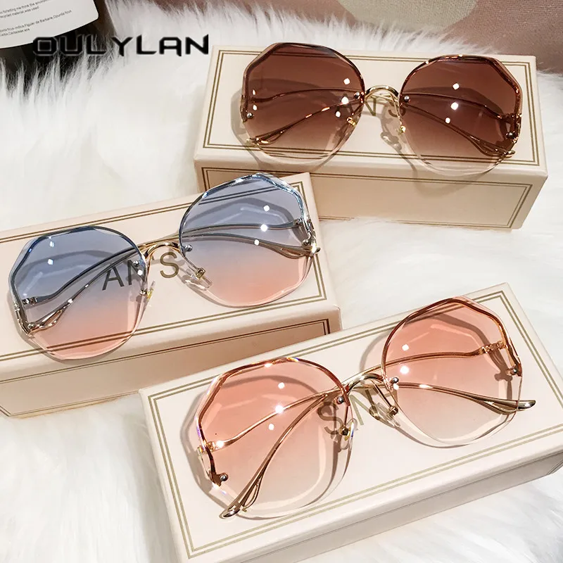 

Oulylan 2021 Fashion Tea Gradient Sunglasses Women Ocean Water Cut Trimmed Lens Metal Curved Temples Sun Glasses Female UV400