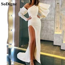 SoDigne con un solo hombro, De satén vestido de noche Formal lado Sexy mujer dividido pliegues vestidos moda vestido de fiesta (1)