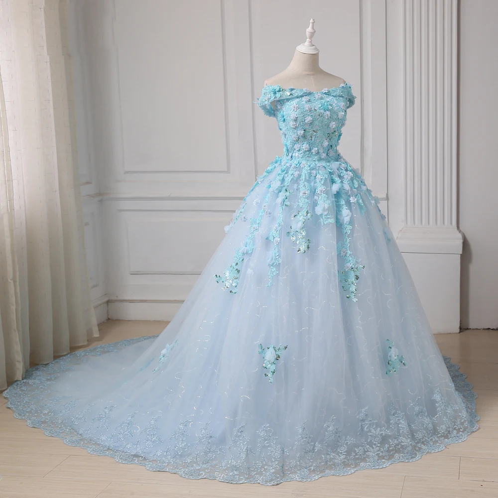 Женское свадебное платье с открытыми плечами Белое Бальное цветами и блестками