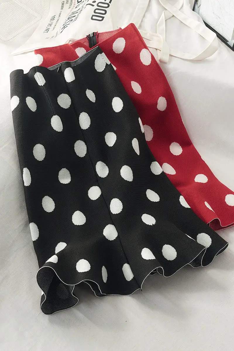 LUOSHA женская трикотажная юбка миди в горошек с оборками Осень-зима 2020 | Женская