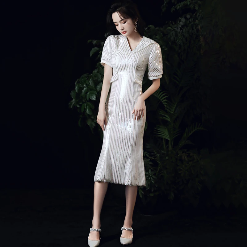 

Белое вечернее платье с V-образным вырезом, блестками и коротким рукавом, длиной ниже колена, с рюшами, длиной до пола, деловые платья больших...