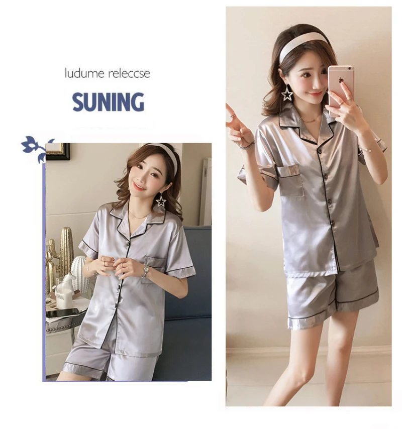 Атласная пижама для женщин пижамный комплект с коротким рукавом одежда сна из