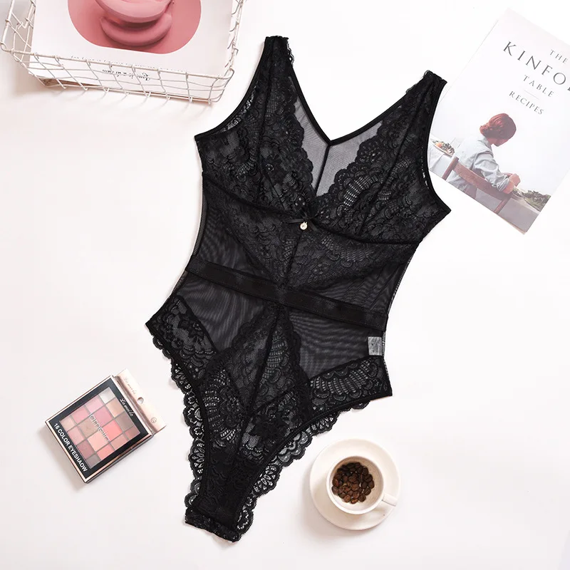 

Sexy Babydoll Lingerie Deep V Neck Lace Bodysuit Exotic Underwear Open Crotch Underwear Women See Through Teddy Lingere Clothes