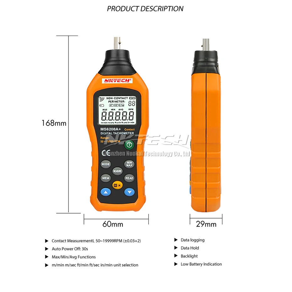 Цифровой тахометр NKTECH MS6208A + контактный 50 19999 ОБ/мин|speed meter|test meterrotation meter |