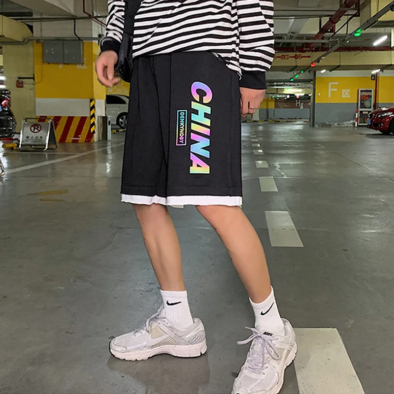 Шорты мужские светоотражающие с надписью модные повседневные штаны свободного