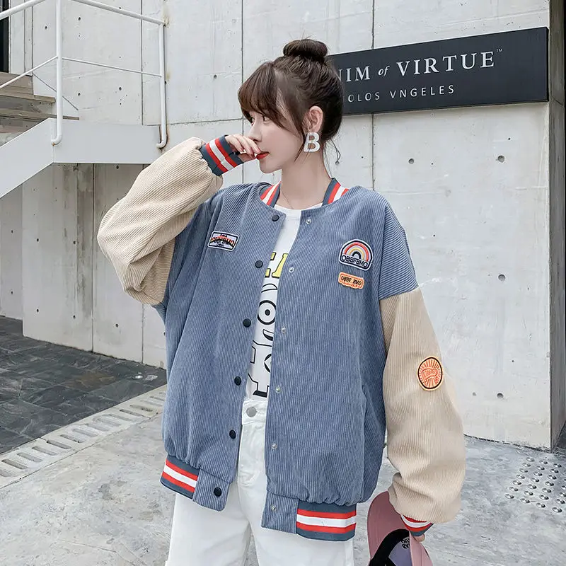 

Japanese Sweet Harajuku Loose Women Baseball Uniform Jacket Autumn Winter Corduroy Fashion Splicing Long Sleeve Epaulettes Tops