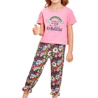 Детский хлопковый летний комплект для девочек, футболка с коротким рукавом и милый мультяшный принт и штаны с цветочным принтом для тренировок и фитнеса