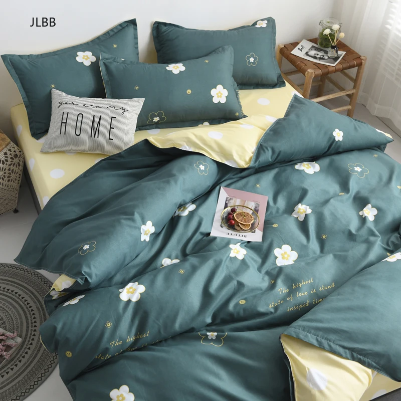 

New Flower Bedding Set 4pcs Flat Sheet +Duvet Cover Peach Daisy Bed Linen Set Pillowcase Pastoral style Bedclothes Green Autumn