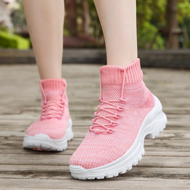 

High Top Casual Sock Shoes Woman Flying Woven Vulcanized Sneakers Schoenen Vrouw Soft Outdoor Walking Trainers Shoes (3cm-5cm)