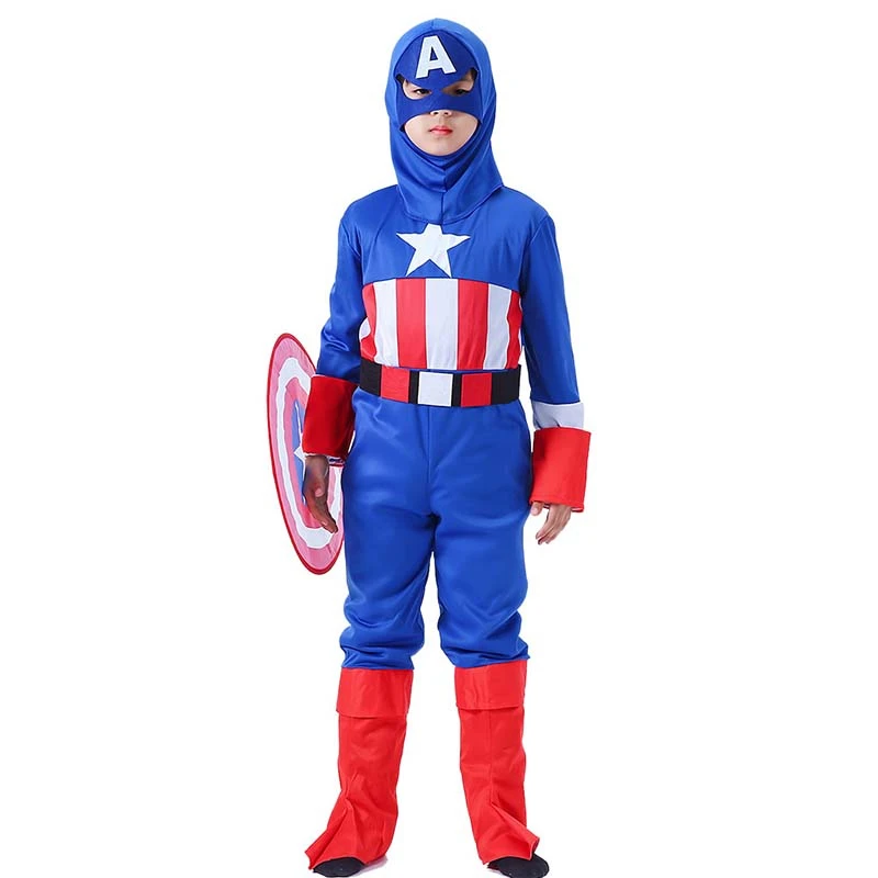 Halloween Cosplay Boys Kid Clothes Captain America Jumpsuit Matching Headgear Shield 3T-8T Carnival Role Play Prom Gown Costume | Детская