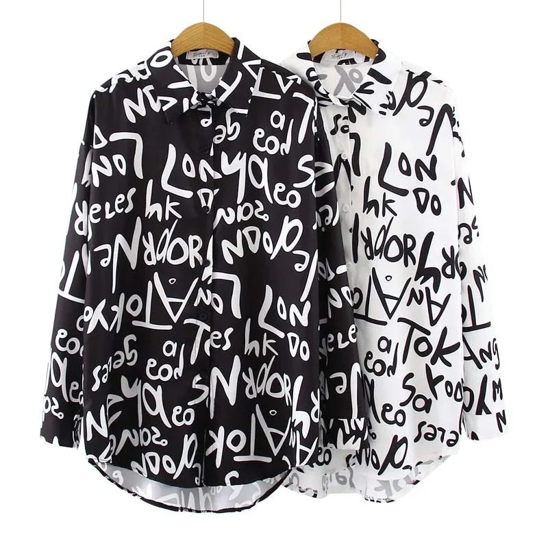

Graffiti Print Blouse Women Summer Turn-down Collar Long Sleeve Plus Size Office Elegant Ladies Shirts Casual Tops And Blouses
