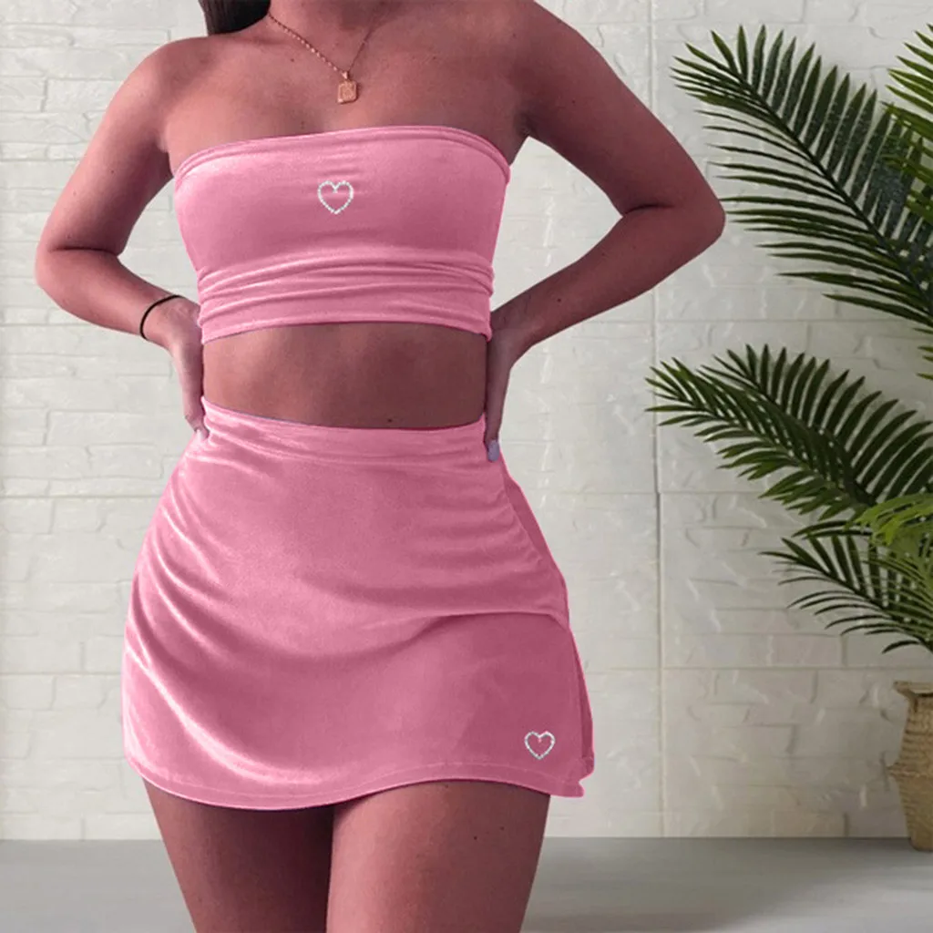 

Fashion Women's Sexy Heart-Shaped Printed Strapless Drilling Tube Top High Waisted Bodycon Party Club Short Skirt Outfits Set#g3