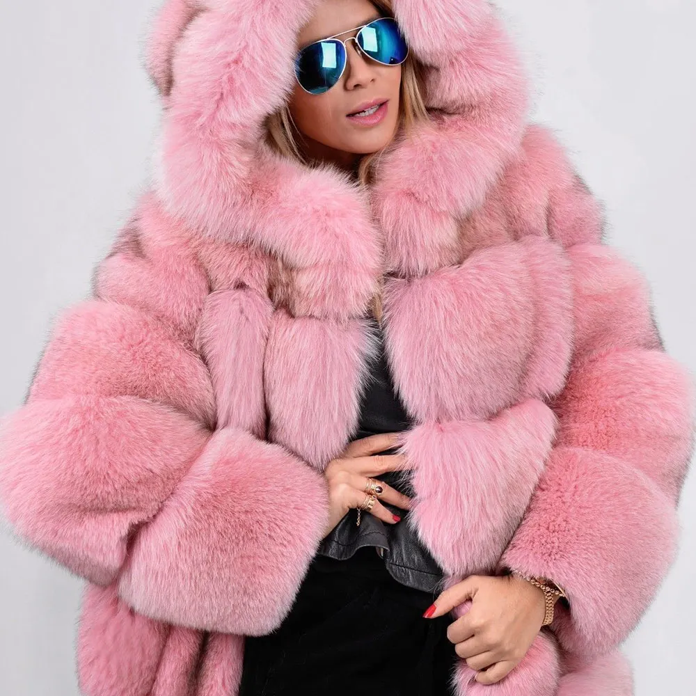 Natural Pink Real Fox Fur Coats With Hood Thick Warm High Quality 2022 Trendy Whole Skin Genuine Fox Fur Jackets Medium Length