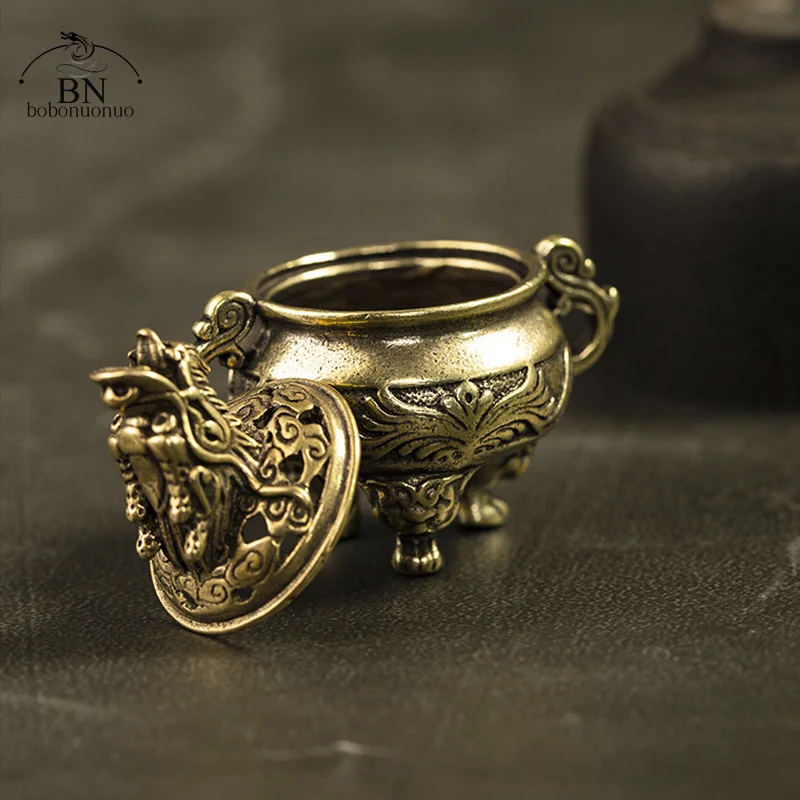 Antique Copper Tripod Incense Burner with Dragon Head Cover Brass Caldron Censer Chinese Pattern Holder Home Desk Decor | Дом и сад