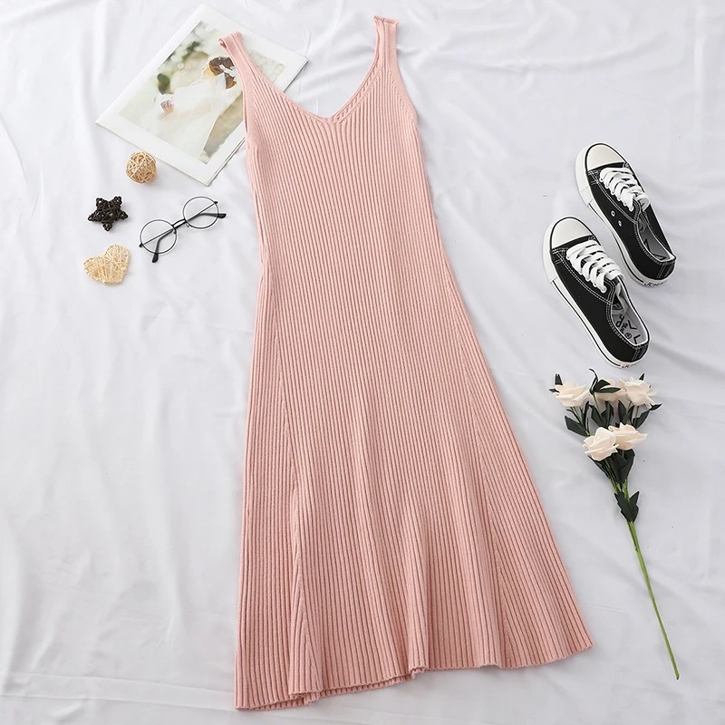 Женское трикотажное платье-свитер с V-образным вырезом | Женская одежда