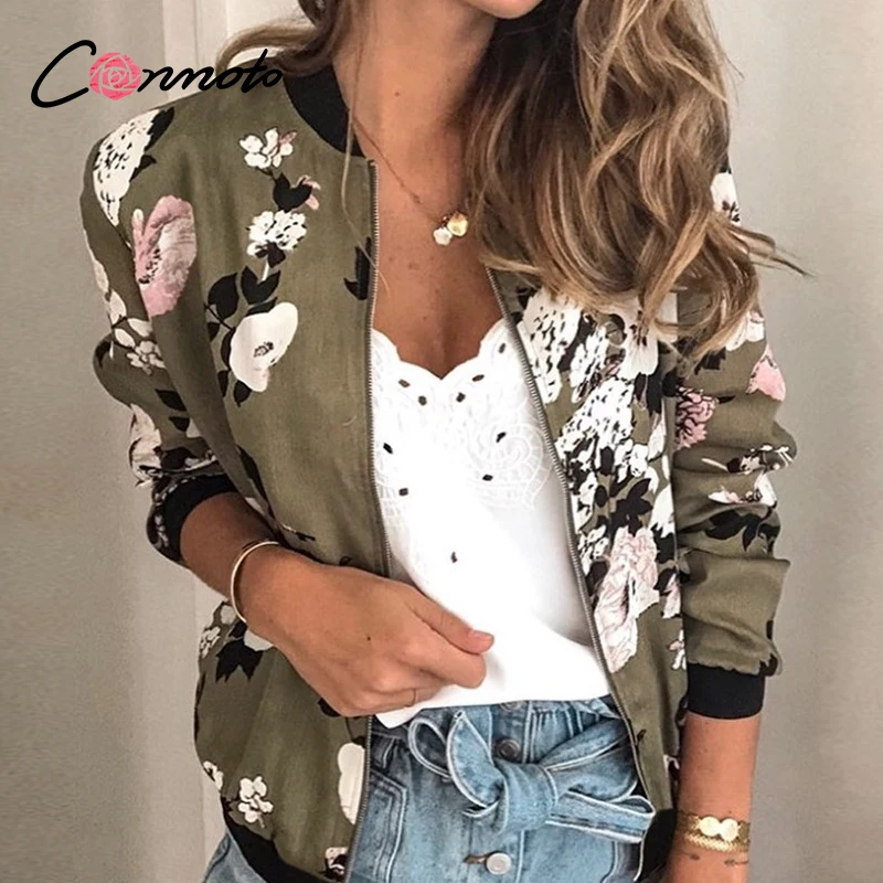 

Conmoto Casual personalized floral print coat Zipper V-Neck long sleeve women jacket Fashion street style slim autumn jacket
