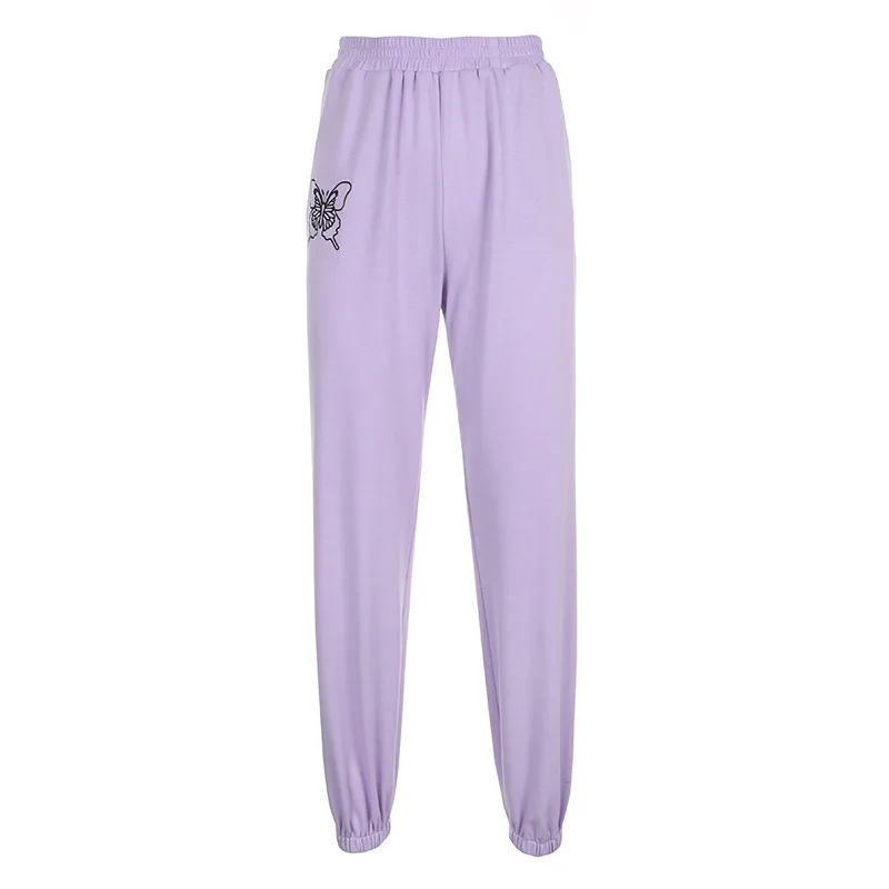 

Embroidery Purple Casual Sweatpants Women Fashion Korean High Waist Trousers Ladies Pockets Jogger Summer Streetwear