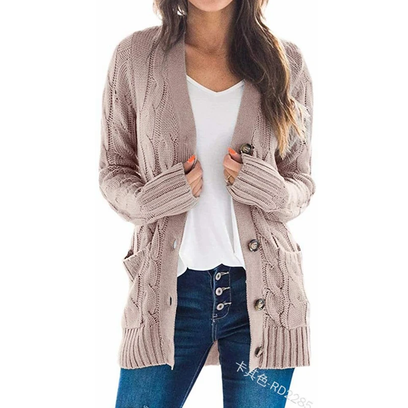 

WEPBEL Solid Color Knitted Sweater Women's Loose Sweater Long Sleeve Single-Breasted Pocket Single-Breasted Cardigan Sweater