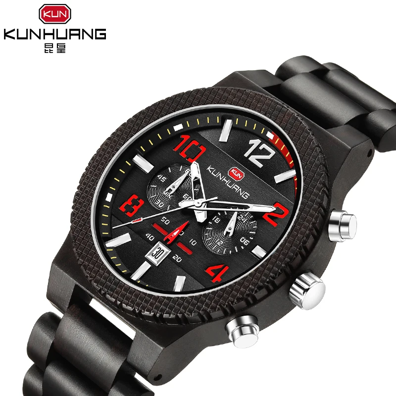 Kunhuang 1015 хронограф указатель деревянный relogio masculino античный модный материал