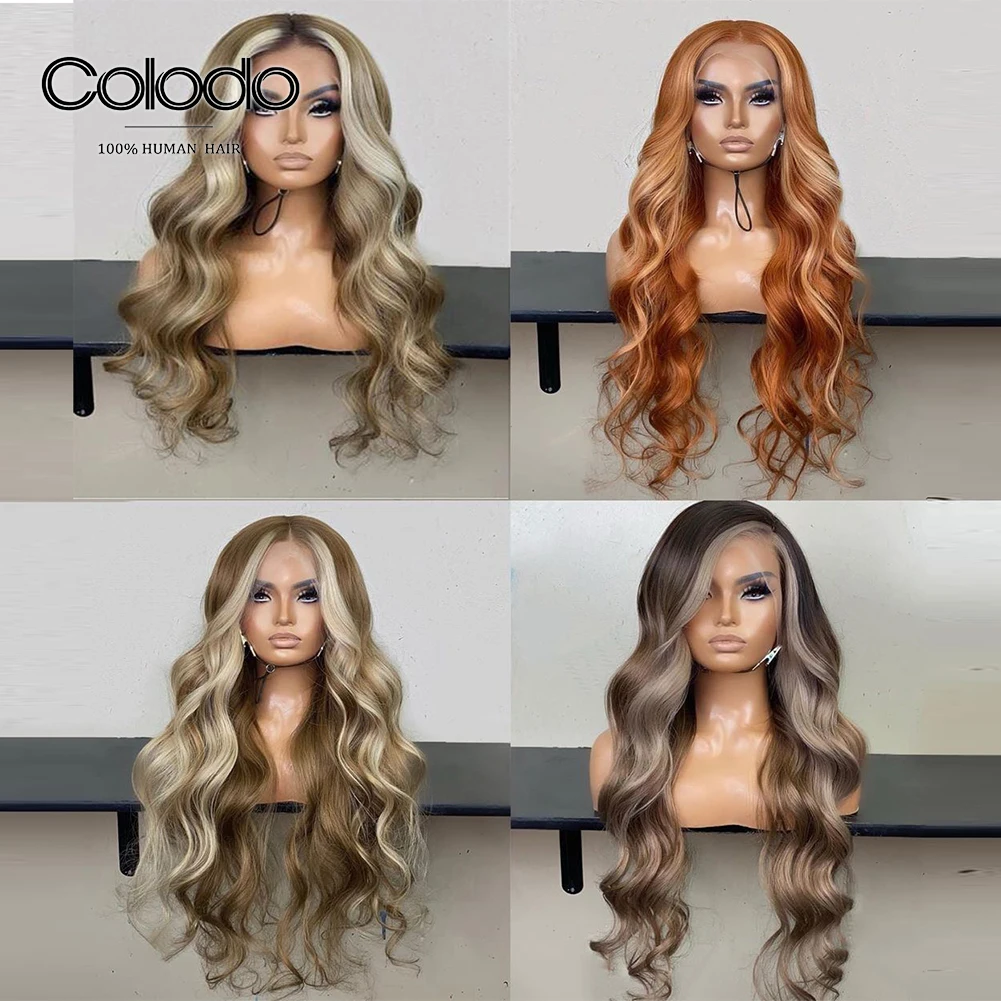 

COLODO Ash Blonde Highlight Wig with Dark Roots Ombre Human Hair Wigs Pre Plucked Remy Lace Front Human Hair Wigs for Women