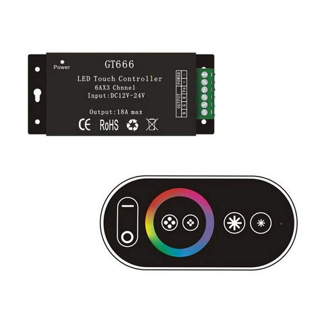 

Touch Led RGB Controller Dimmer GT666 DC 12-24V 6Ax3channel 18A for 5050 3528 2835 RGB Led Strip Light