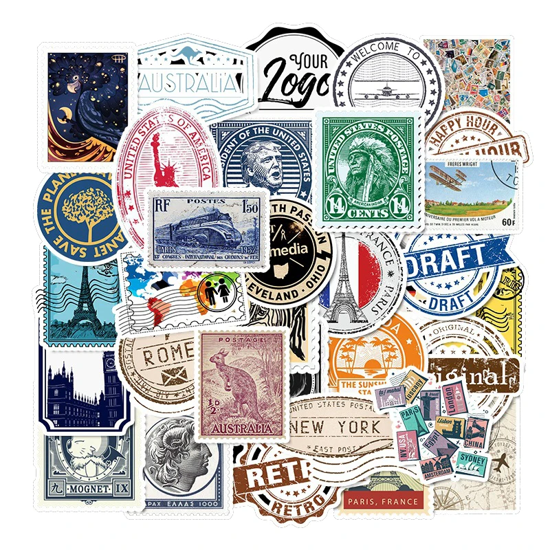 

50 PCS Retro Travel Letter Stamp Sticker Waterproof DIY For On Laptop Phone Skateboard Suitcase luggage Scenery Sticker