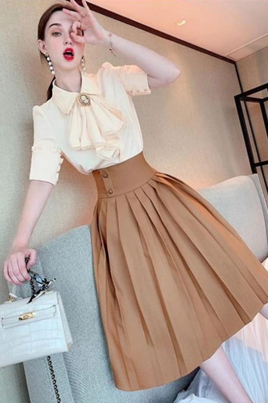 

2021 Summer New Bow Design Lapel Slimming Shirt Tops+High Waist Pleated Skirt Two-Piece Sets College Style Skirt Suit Fashion