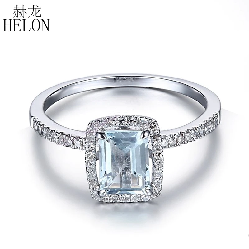 HELON Solid 14K белое золото AU585 изумруд огранка 1ct Натуральный аквамарин бриллианты обручальные драгоценные камни для женщин ювелирные украшения кольцо