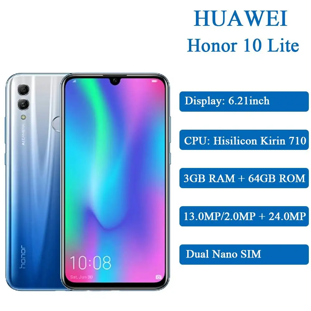 Honor 10 Lite Android 9,0 6,21 дюймов 3+ 64 Гб Смартфон 3400 мАч 24MP 3 камера мобильный телефон AI камера отпечатков пальцев Восьмиядерный - Цвет: Global 3G 64G S-blue
