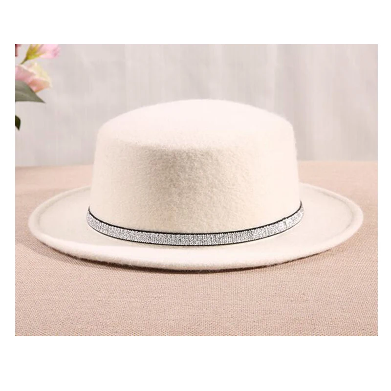 

Cowboy hats Female White Flat Top Short Brim Wool Felt Hat Autumn/winter Casual warm Top Hat