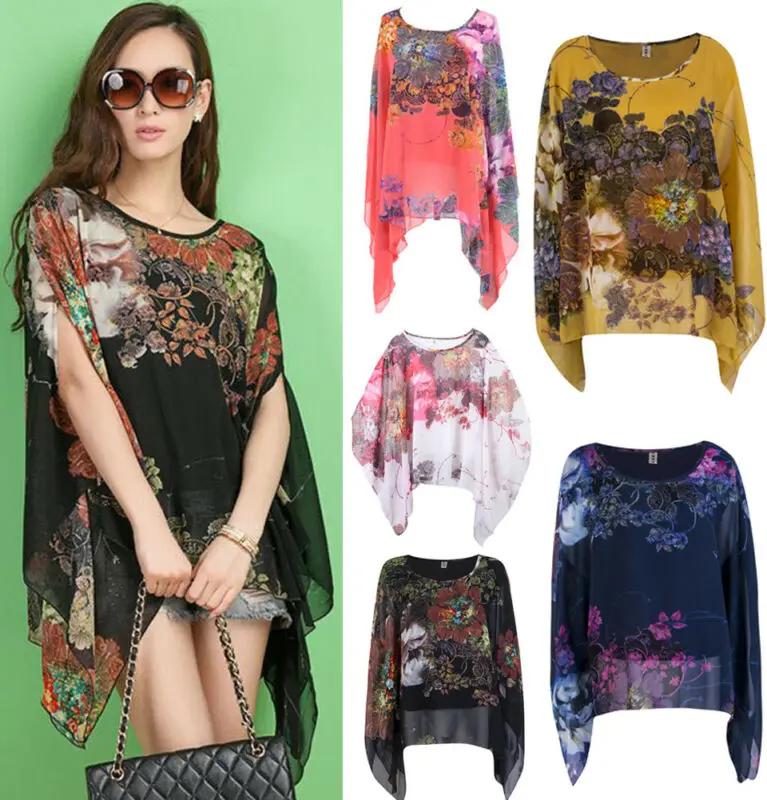 

2019 Women Loose Chiffon Floral Batwing Sleeve Shawl Blouse O Neck Tops Plus Size