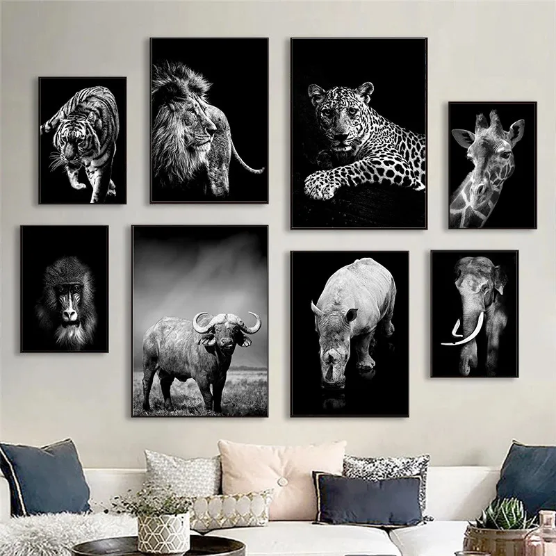 

Black and White Animals Poster Tiger Lion Wolf Canvas Painting Wall Art Prints Pictures for Home Living Room Decoration