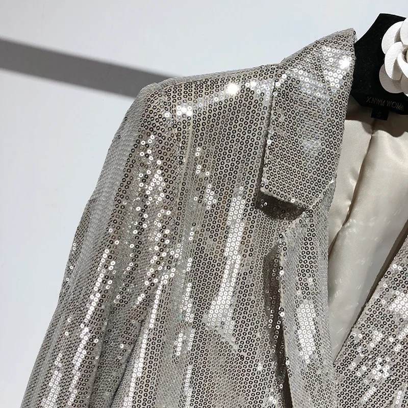 Женский блестящий пиджак с блестками Cakucool серебристый отложным воротником