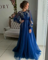 2021 blue elegant long sleeves evening dresses a line o neck robe de marrige buttons back tulle formal lady prom gowns vestidos