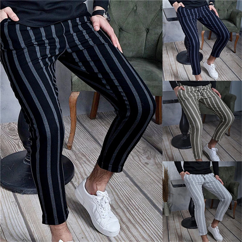 

Fashion Mens Straight Office Skinny Plaid Trousers Casual Slim Fit Stripe Button Business Formal Pants Men Clothing