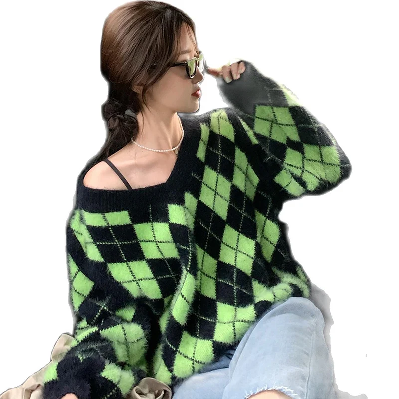 

Модный высококачественный клетчатый свитер в студенческом стиле с v-образным вырезом для женщин 2021 удобный трикотажный топ с отстегивающим...