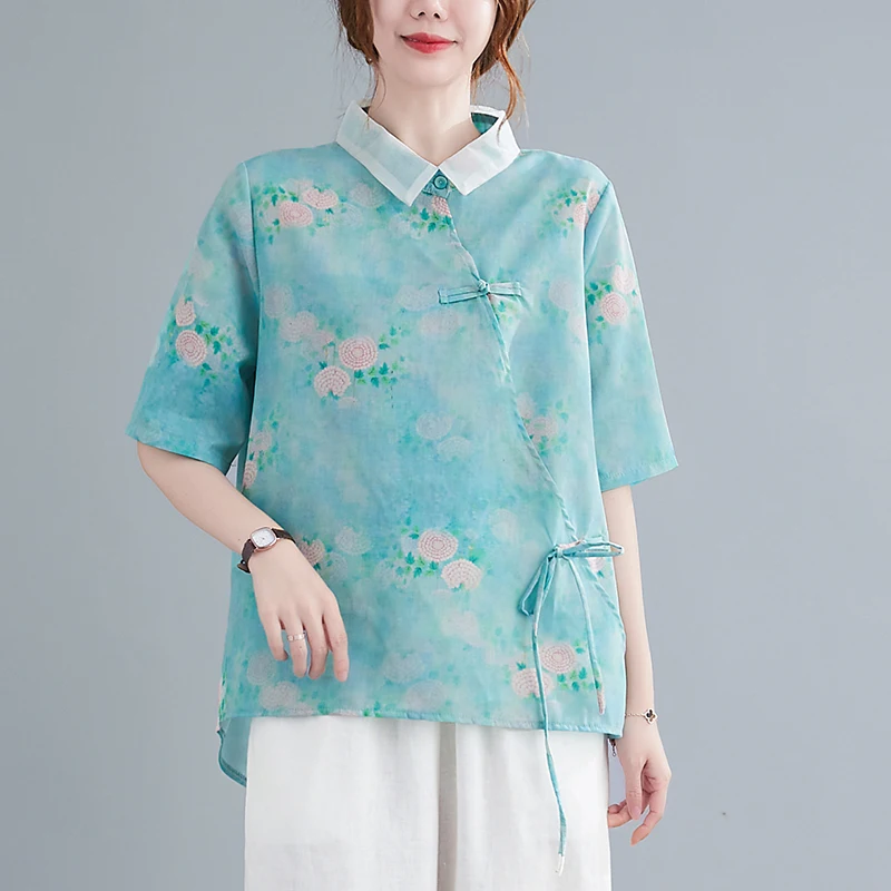 

2022 chinese traditional top stand-up collar cotton and linen oriental vintage floral printing vintage tang suit shirt qipao top