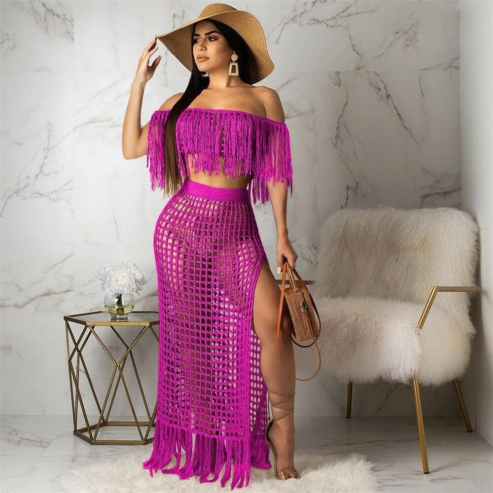 

Sexy Tassel Patchwork 2 Piece Skirt Set Women Outfits Clubwear Party Crop Top and Mini Skirt Sets