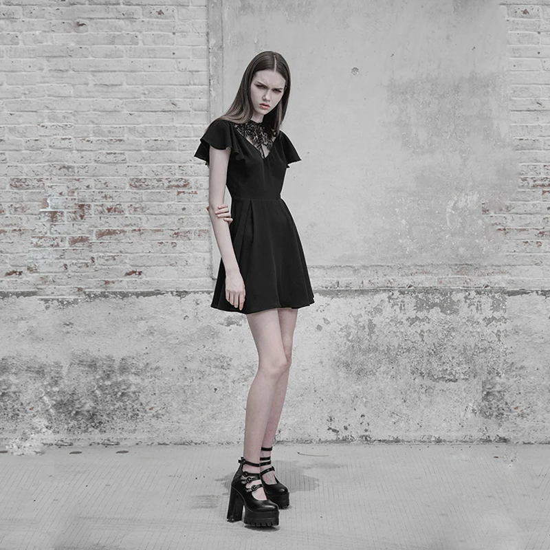 Женское платье в стиле панк готическое модное кружевное с v образным вырезом