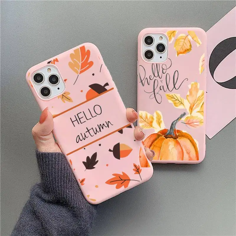 

Autumn Pumpkin happy Fallen leaves Phone Case Candy Color for iPhone 6 7 8 11 12 s mini pro X XS XR MAX Plus
