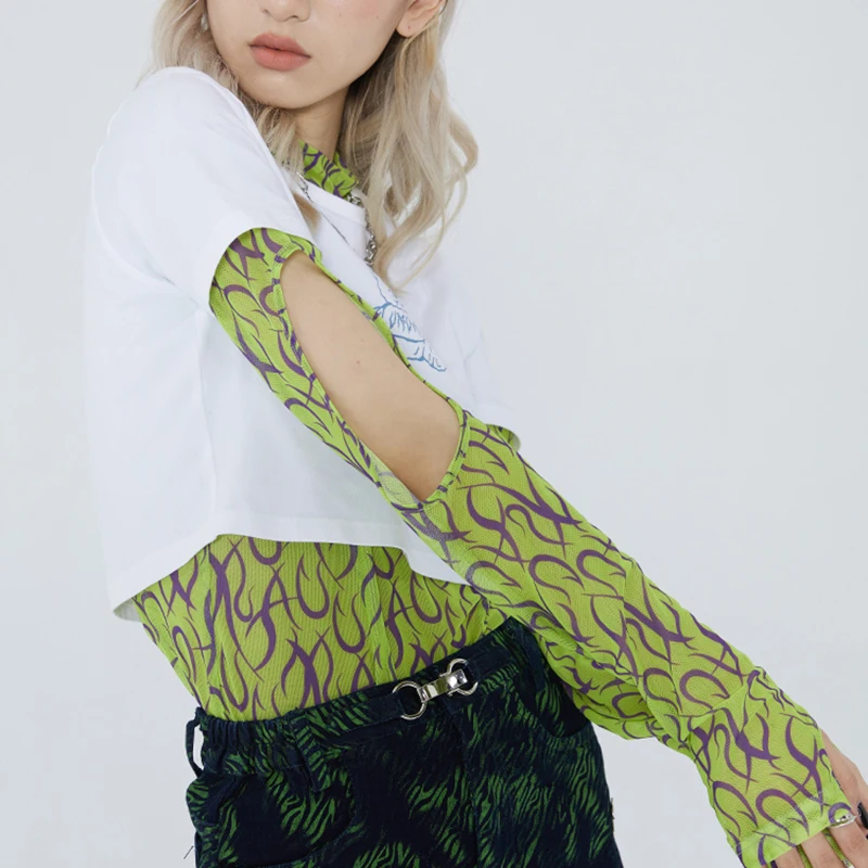 

Y2k Shirt Net Yarn Bottoming Shirt Women's Summer Thin Sunscreen New Products Gothic Logo Printed T-shirt Off Shoulder Top