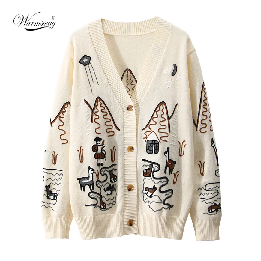 Aliexpress - 2022 Spring High Quality Fashion Embroidery V-Neck Oversized Cardigan Long Sleeve Single Breasted Button Knitted Sweater C-092