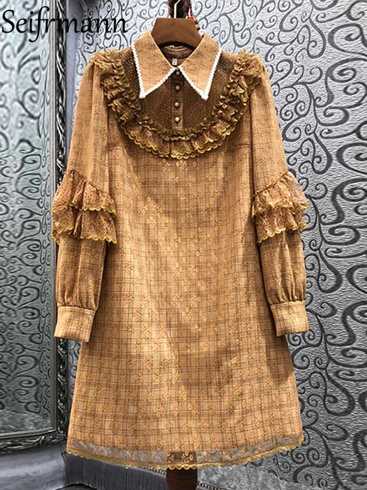 

Seifrmann New Autumn Women Fashion Designer Party Mini Dress Lantern Sleeve Gorgeous Lace Plaid Mesh A-Line Dresses Vestidos