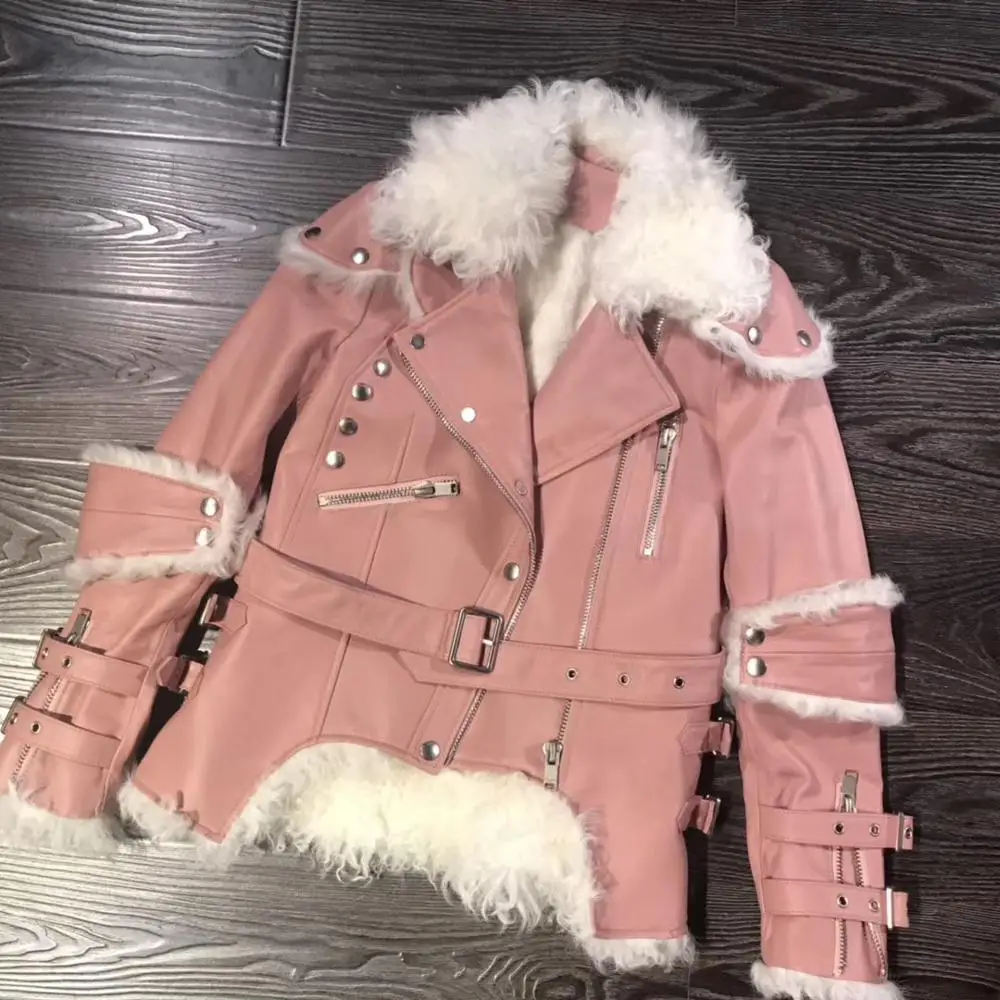 Pink Пальто из натурального меха, Женская куртка из натуральной кожи, приталенное пальто из натурального овечьего меха и овчины для девочек, новинка года, модная зимняя одежда для женщин - Цвет: Pink