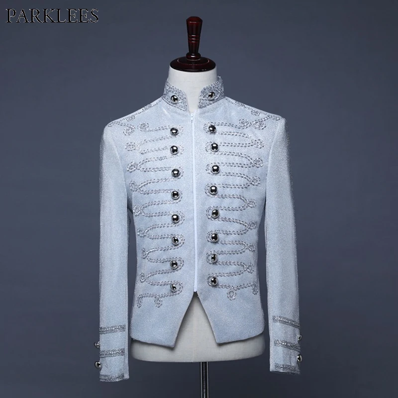 

Silver Tuxedo Men Blazer British Palace Style Zipper Men Suit Jacket Military Blazer Mens Nightclub Stage Cosplay Men Blazers